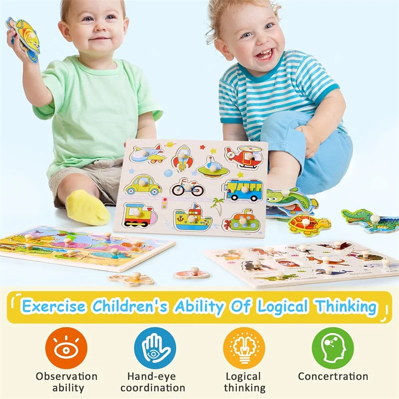 

Wooden Montessori Pegboard Puzzle For Toddlers - Letters, Numbers, Fruits & Shapes Learning Toy, Jigsaw Learning Puzzles