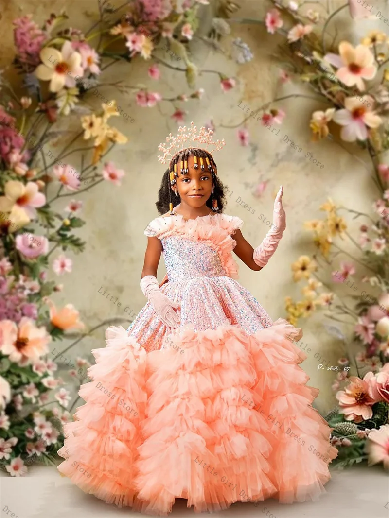 

Pink Sequins Princess Flower Girl Dress Sexy Sleeveless Tiered Tulle Wedding Gown Kids Birthday Party Pageant Ball Gown Dresses