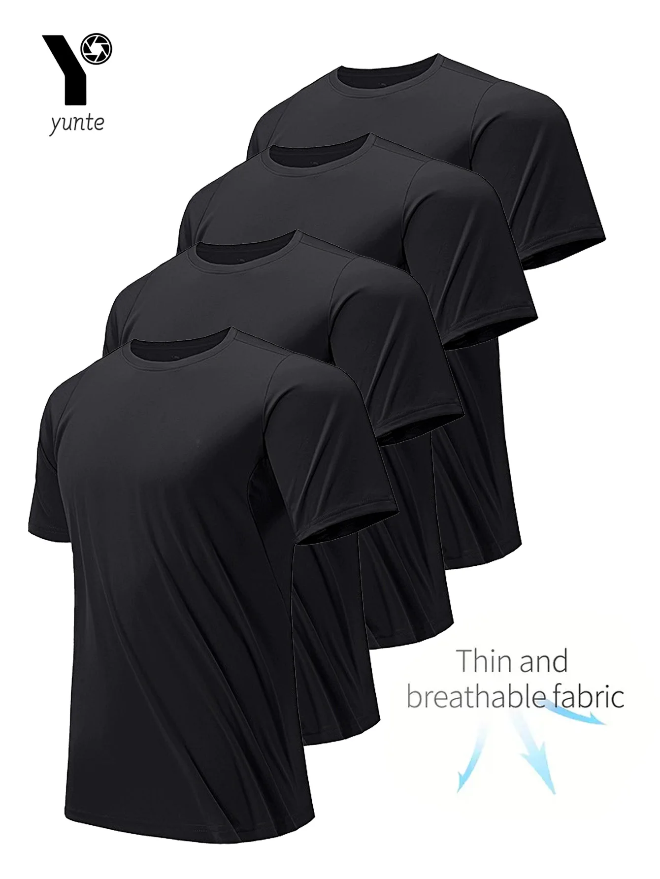 T-shirt z okrągłym dekoltem, 4 sztuki, czarny, ultralekki, męski, szybkoschnący, oddychający, pochłaniający pot, odpowiedni do ćwiczeń na siłowni i biegania