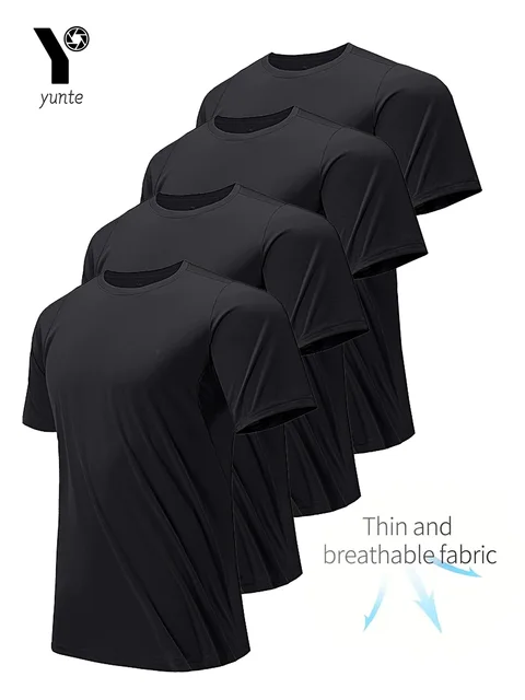 T-shirt z okrągłym dekoltem, 4 sztuki, czarny, ultralekki, męski, szybkoschnący, oddychający, pochłaniający pot, odpowiedni do ćwiczeń na siłowni i biegania