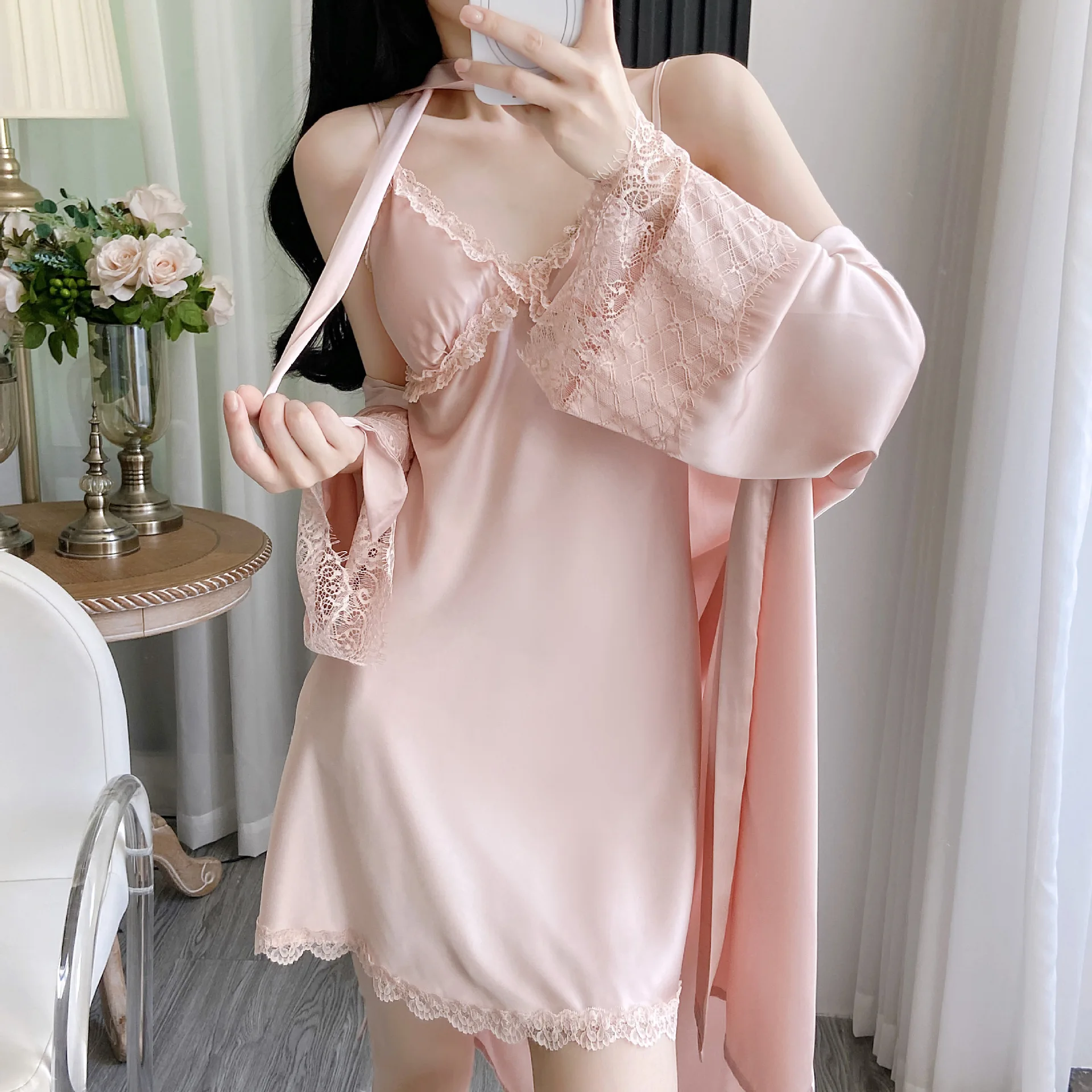 

Комплект из двух предметов: халат-кимоно и ночная сорочка для женщин, сексуальный кружевной пеньюар, домашняя одежда из вискозы, весенний халат, пижама, домашнее платье