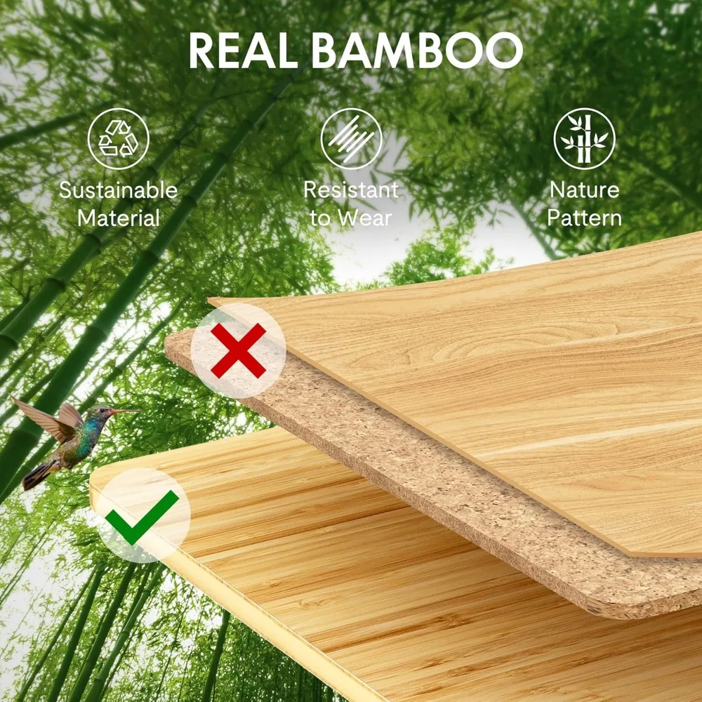 55" Bamboo Standing Desk, Dual Motor 3 Stages Adjustable Height Electric Computer Workstation w/Wireless Charging, Drawer