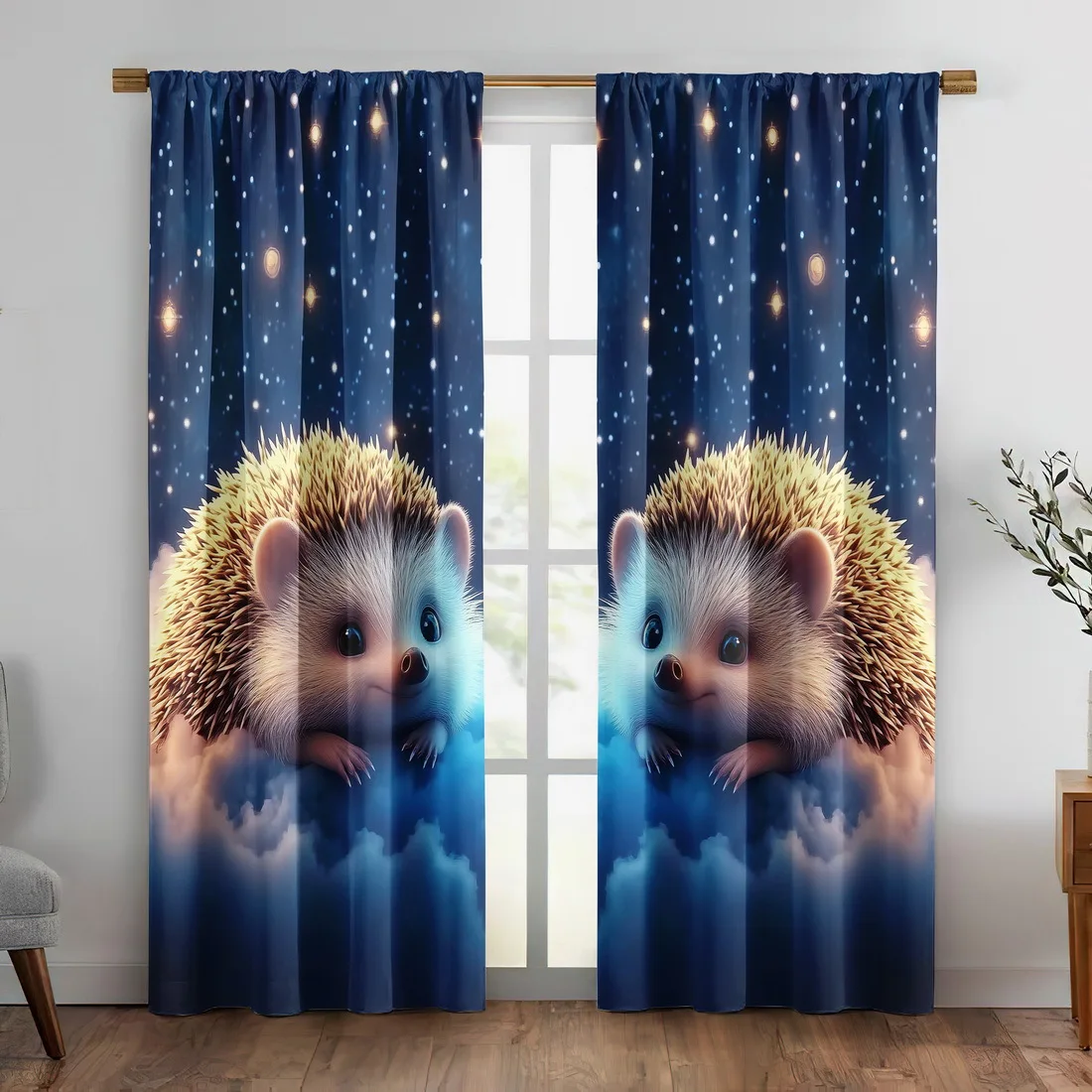 2pcs Hedgehog Cloud Starry Sky Curtains Blackout Drapes for Kids Room Cute Animal Decor Dreamy Night Print WindowTreatmentPanels