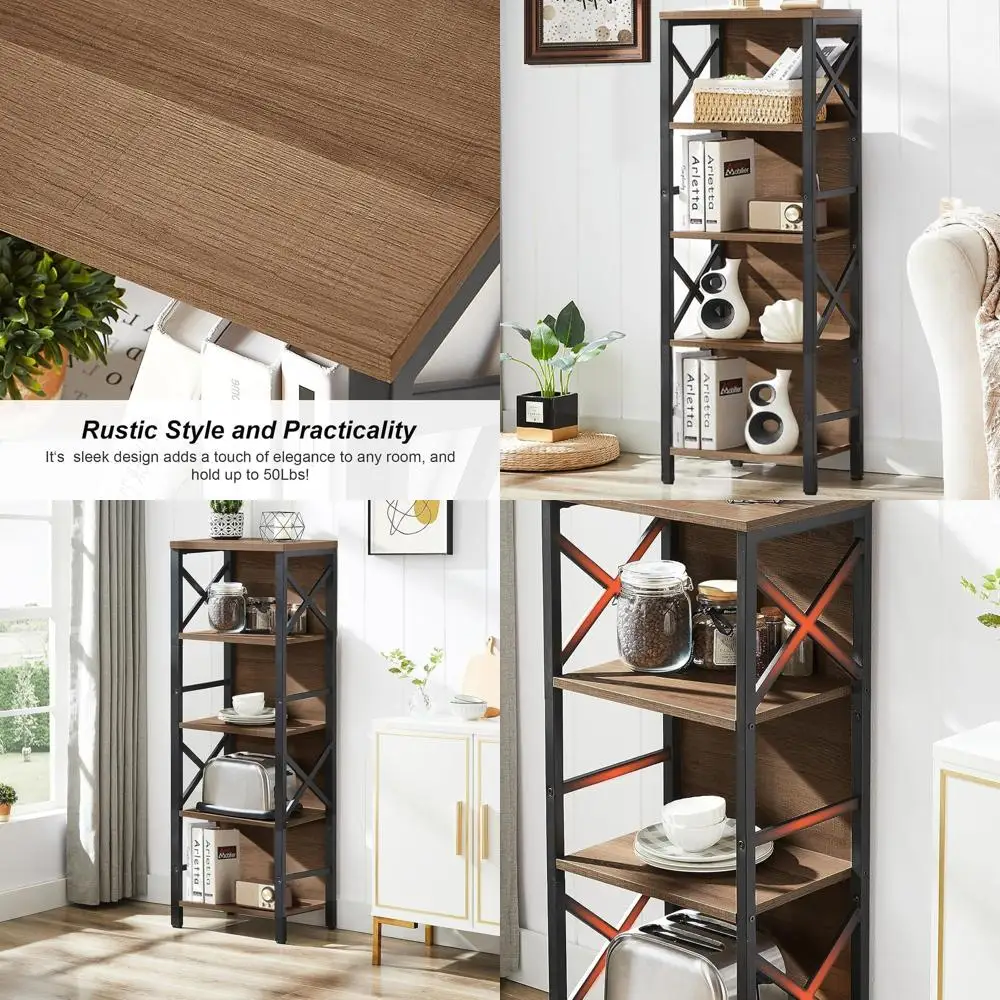 

Compact 5-Shelf Industrial Style Metal and Wood Bookcase for Tight Spaces: Ideal for Living Rooms, Bedrooms, and Home Offices
