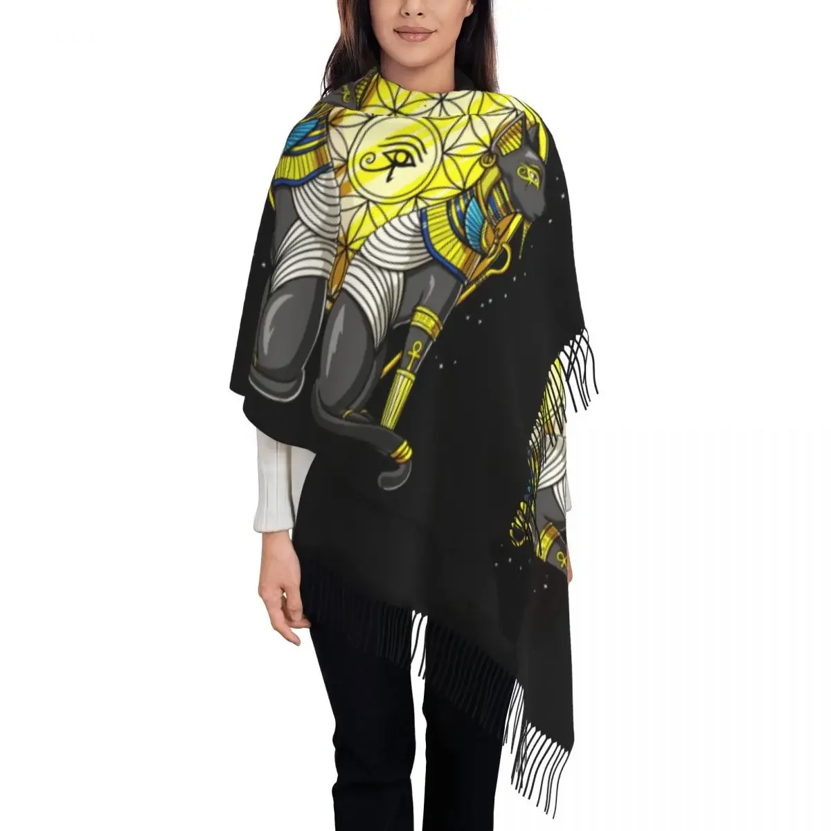 Egyptian Cat Goddess Scarf Wrap Women Long Winter Fall Warm Tassel Shawl Unisex Hieroglyphic Egypt Scarves