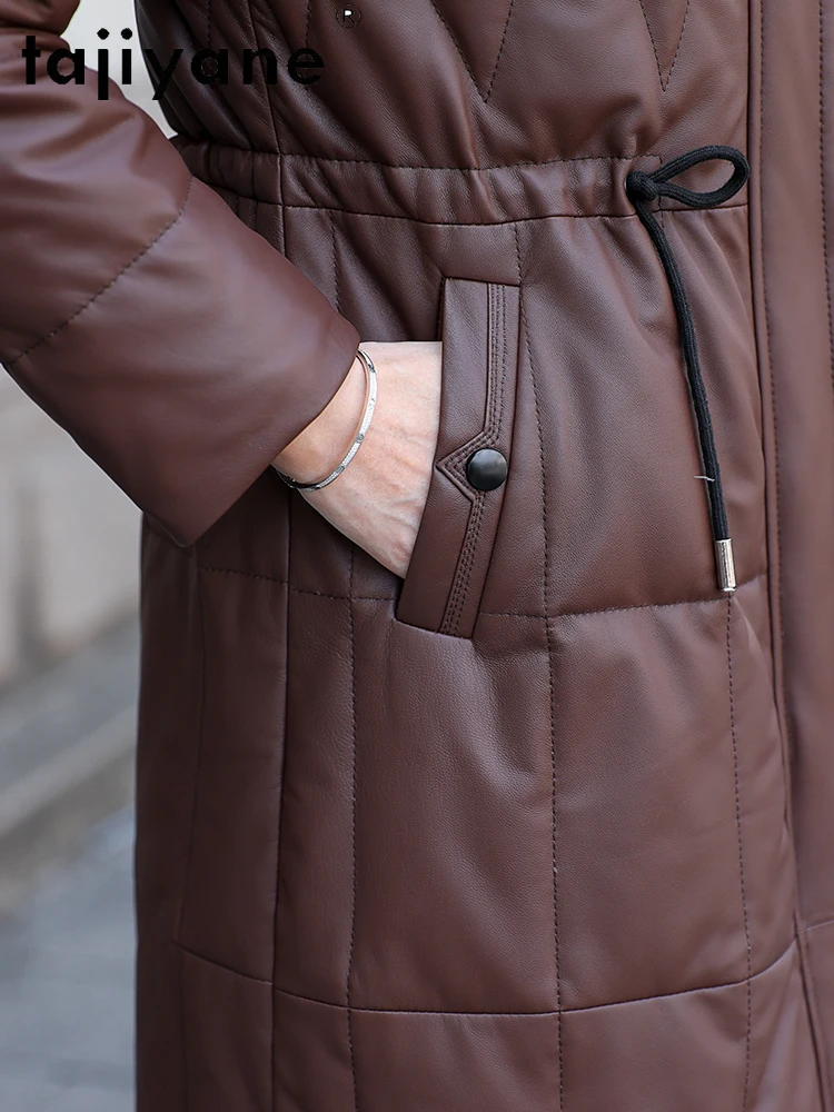TAJIYANE chaqueta acolchada de piel de oveja auténtica para mujer, abrigos largos y ajustados con capucha de plumas de ganso, chaquetas de cuero genuino de lujo, ropa de mujer 2025