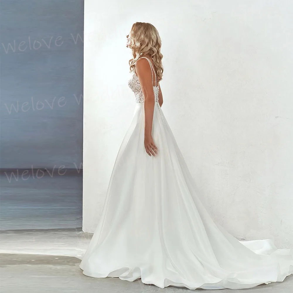 Vestidos De Novia elegantes De línea A para mujer, Vestidos De Novia personalizados con cuello en V, tirantes finos, Apliques De encaje sin espalda, Vestidos De Novia