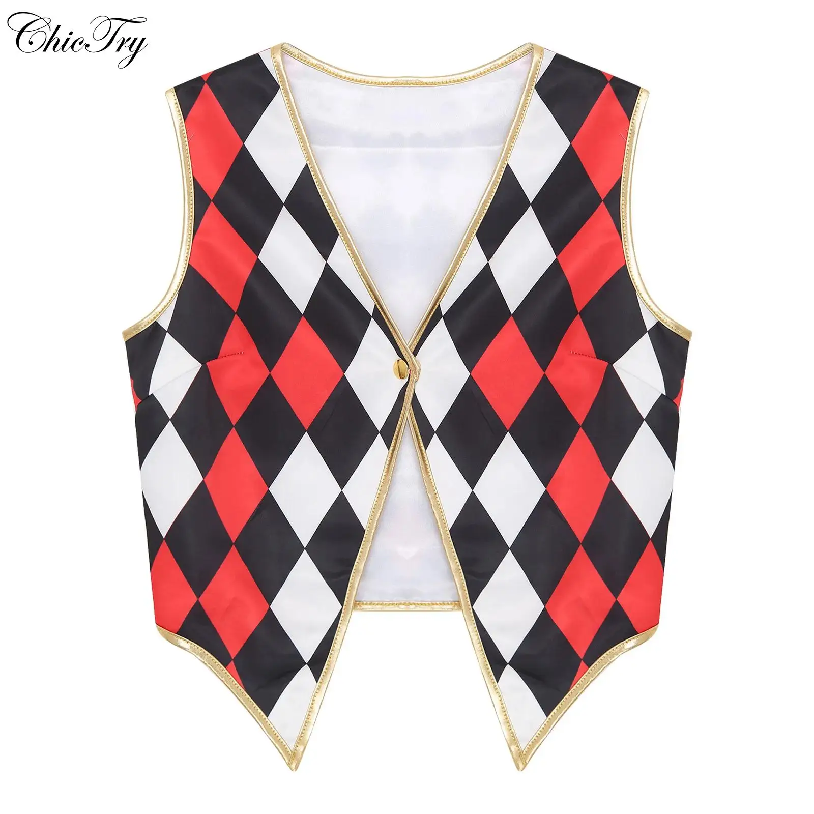 

Womens Circus Ringmaster Costume Cosplay Waistcoat Sleeveless Vest V Neck Button Down Golden Trimming Halloween Party Dress Up