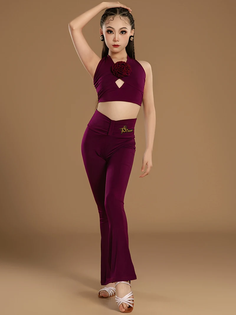 Children Latin Dance Halter Backless Top High Waist Pants Trousers Girls Kids Competition Dancewear Ballroom Training Costume