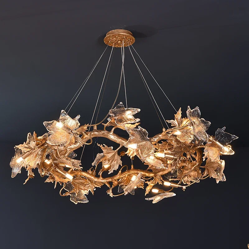 

Creative Light Luxury Living Room Chandelier Simple Modern Dining Room Crystal Lamp Copper Glass Maple Leaf Decoration Lighting
