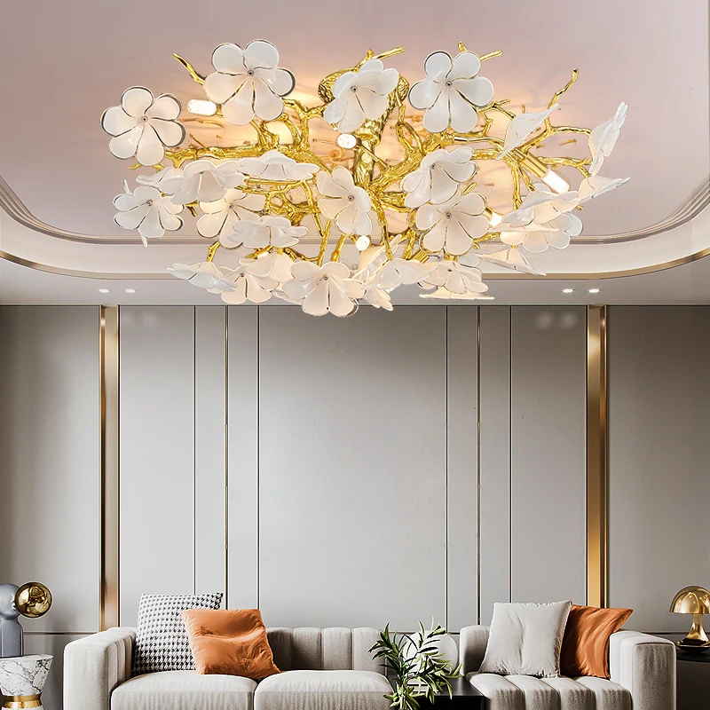

Luxury Flower Petal Ceiling Pendant Lamp Living Room Vila Tree Branch Bloom Chandelier For Bedroom Lustre Gold Light Fixture