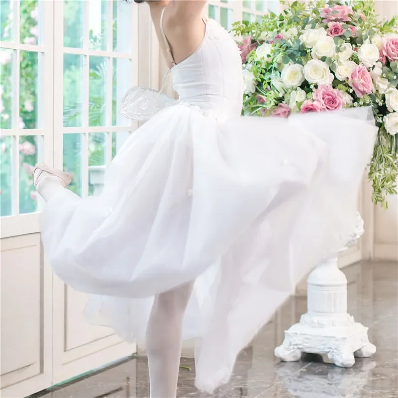 Professional High Quality Women Girls Ballet Performance Wear Dance Costumes Long White Romantic Ballet Tutu with wing