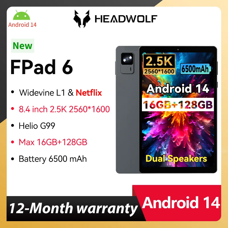 HEADWOLF FPad 6 Andorid 14 tablet 8.4 inch  8GB RAM 128GB ROM MTK G99 Octa-core 4G SIM 6500 mAh Battery