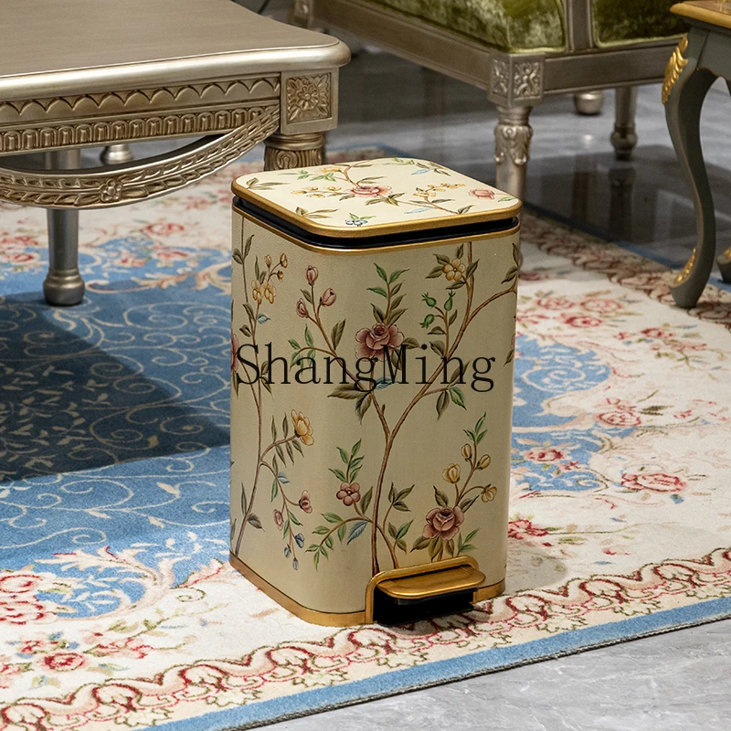 SM home pedal with lid trash can home villa lighting luxury painted flower and bird living room