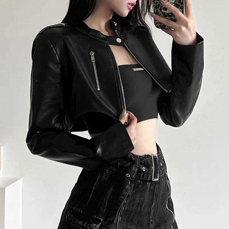 Goth Dark Zipper Cyber Gothic Y2k Crop Jackets Grunge Punk Style Faux Leather Coats Female Fashion Streetwear Irregular Hem Coat