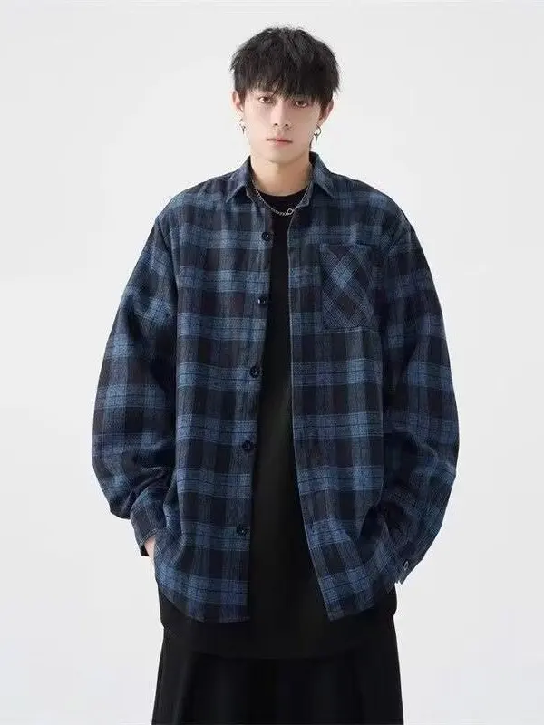 

Plaid Long Sve Men's irt Spring Autumn 2025 Trendy Casual Summer Thin Outerwear Hong Kong Sle Loose irt