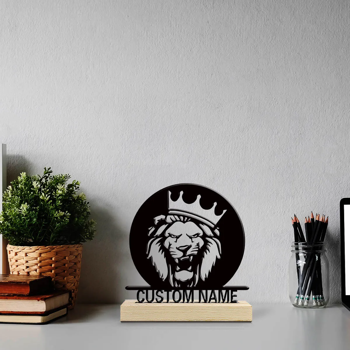 1pc Customized Metal Handicraft Ornaments Custom Content Equipped with Wooden Base Desktop Decorations,Office Decorations