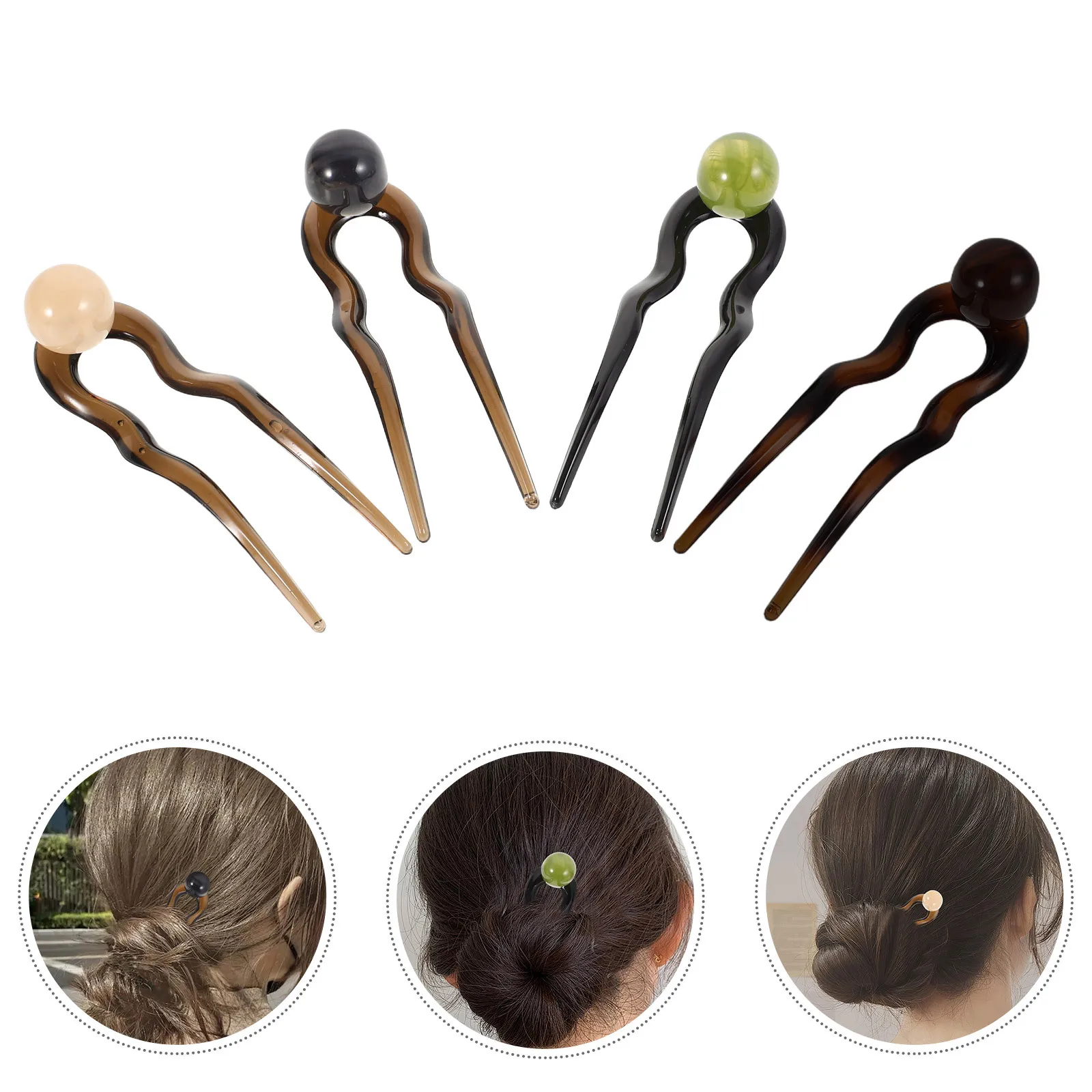 

4Pcs Vintage U Shaped Hairpins Pearl Elegant Hair Styling Accessories for Chignon Updo Hair Sticks Caramel Gray Beige Green
