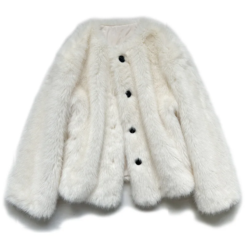 New winter off-white toca fur fox fur jacket Korean women's round neck fuzzy button-down top trend