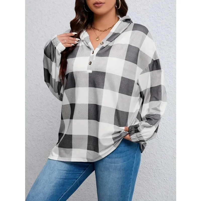 Plus Size Women's Fashion Long Sleeve Hooded Sweatshirt Ladies Casual Half Open Collar Button Full Sleeve Pullovers