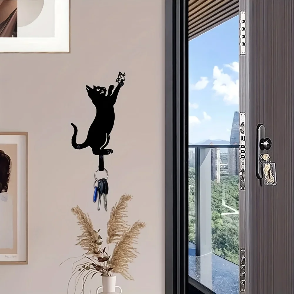 

2pcs Coat Rack Wall Mount, Black Cat Key Holder for Wall, Metal Hook Christmas Decorations, for Cat Lovers Women Gift