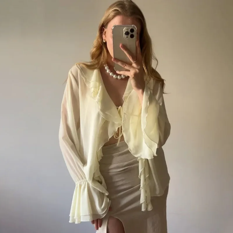 

Talenza Women's Ruffled Blouses Fashion Elegant Solid Chiffon Long-Sleeve Lace-up V-Neck Blouses Casual Spring New Women Shirt