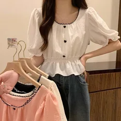 Xpqbb Summer Puff Sleeve Chiffon Shirt Women Sweet Cute Ruffles Waist-Tight Crop Tops Female Casual All-match White T-shirts