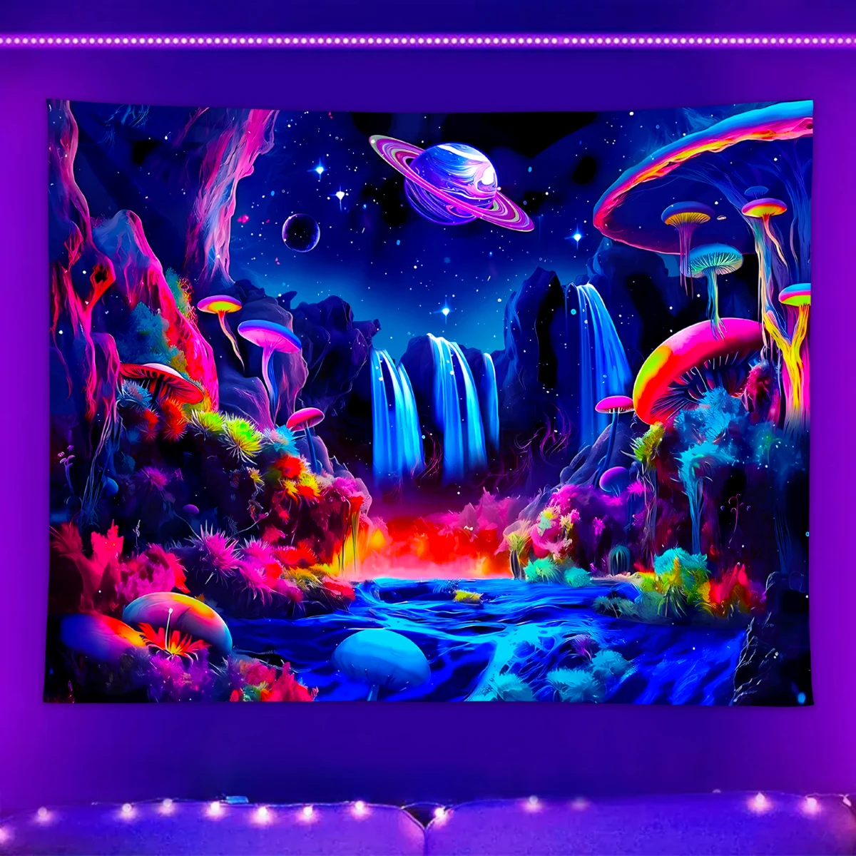 1pc Galaxy starry sky tapestry, bedroom UV responsive mushroom forest tapestry, planet landscape dormitory decoration poster