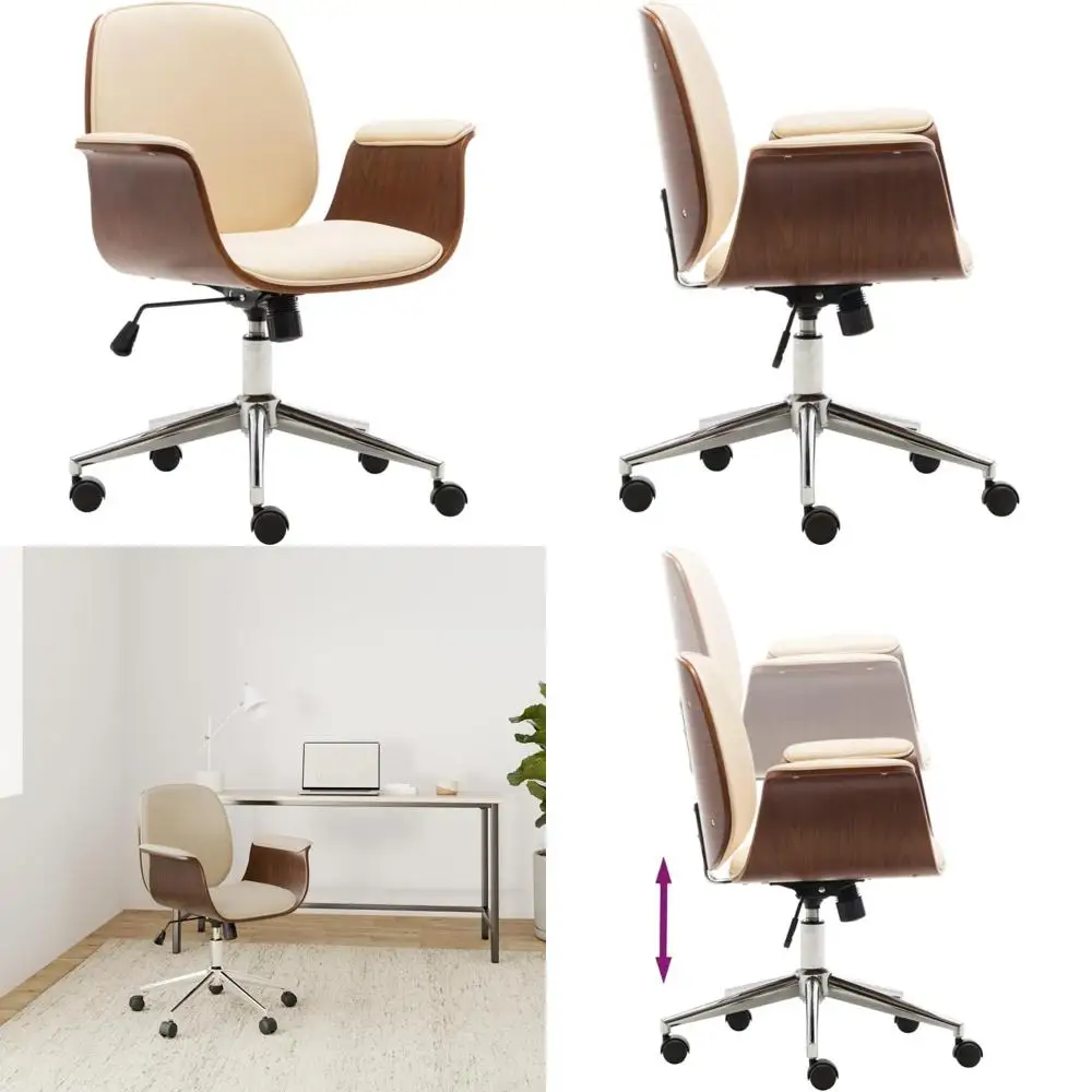 Офисное кресло из искусственной кожи кремового цвета с регулируемой высотой и изогнутым деревянным каркасом для удобной работы или домашнего использования
