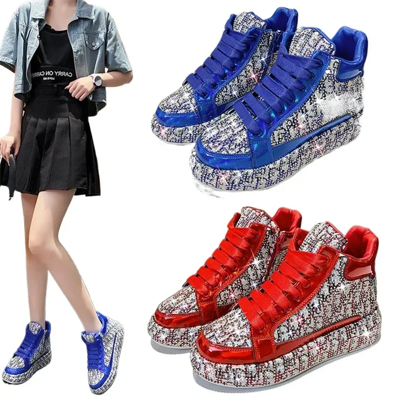 Full Diamond Thick Sole Women's Shoes 2024 New Personalized Water Diamond Colored Embroidery Casual Shoes High Top Sports Shoes