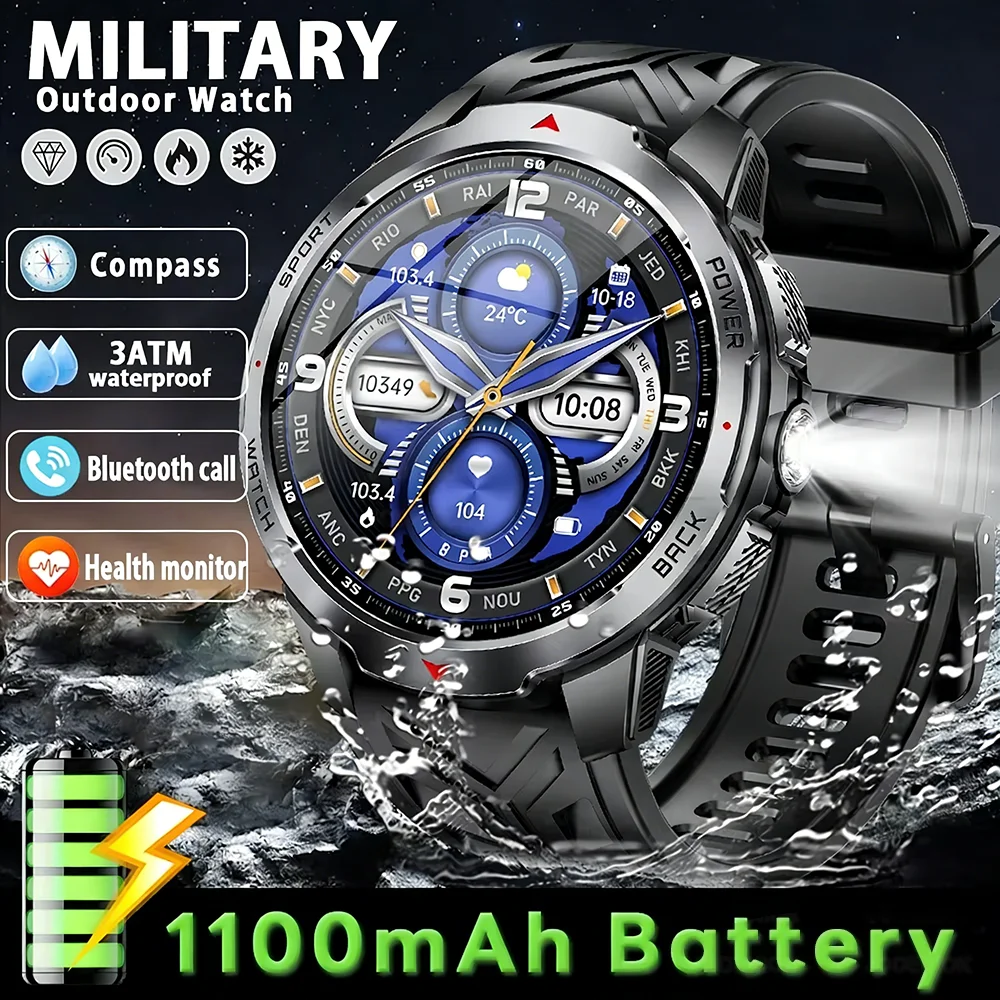 

New 1100mAh Military Outdoor Smart Watch Men 1.7inch Large Display Compass Sport Watch IP68 Waterproof Bluetooth Call Smartwatch