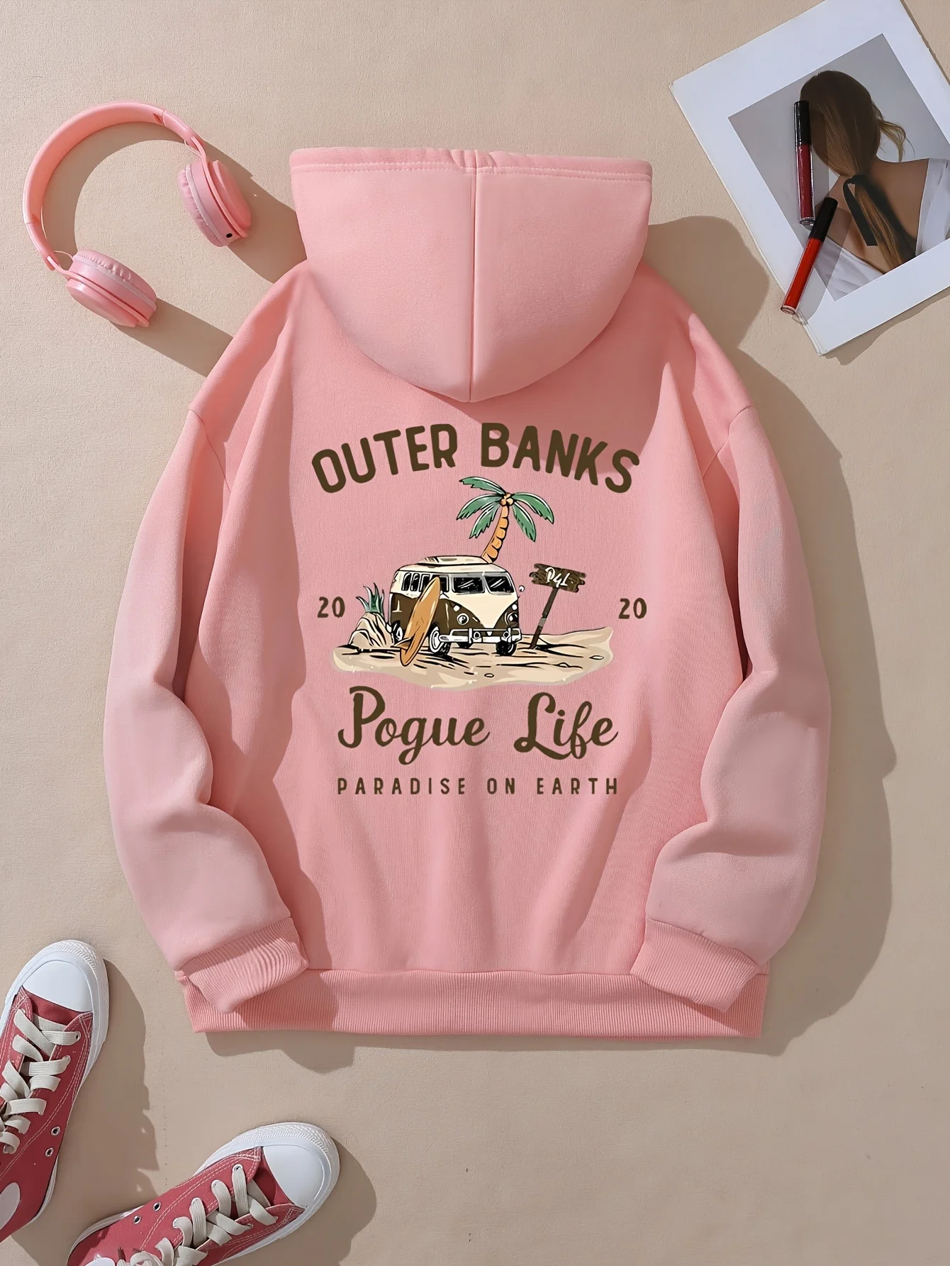 Outer Banks Pogue Life Letter Print Praia Gráfico Canguru Bolso Aconchegante Vestuário de Outono Na Moda Aconchegante Moletom Com Capuz Feminino Casual