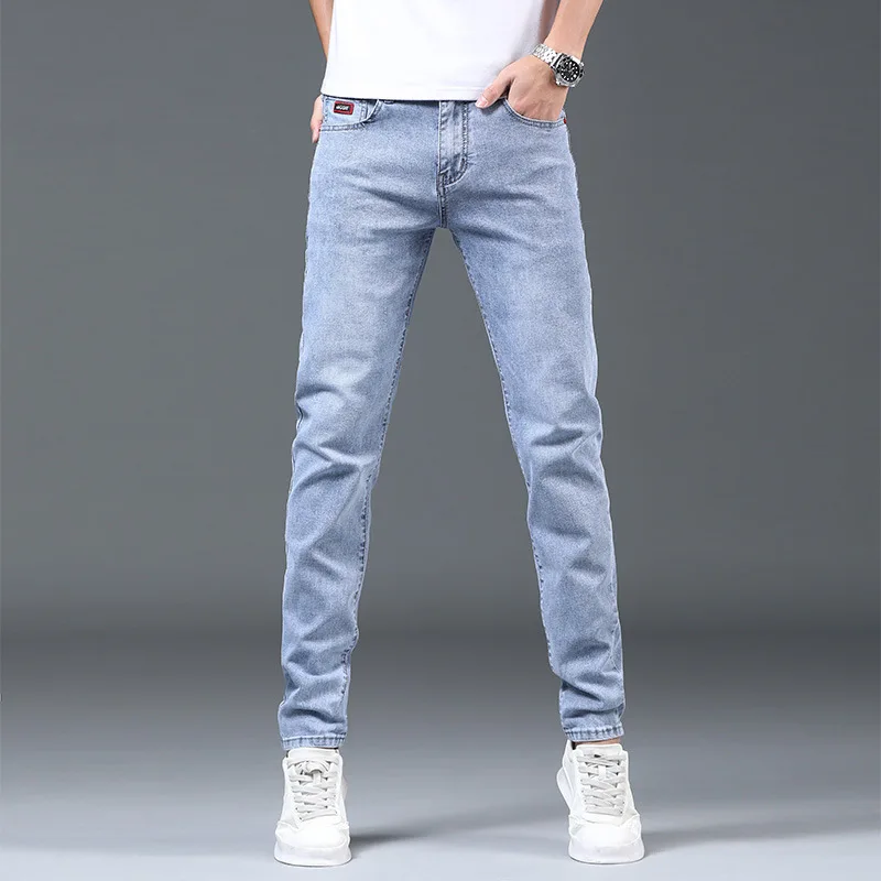 

Men's Slim Fit Jeans High-end Trend Cropped Shorts Retro Embroidery Light Blue Classic Style Youth Four Seasons