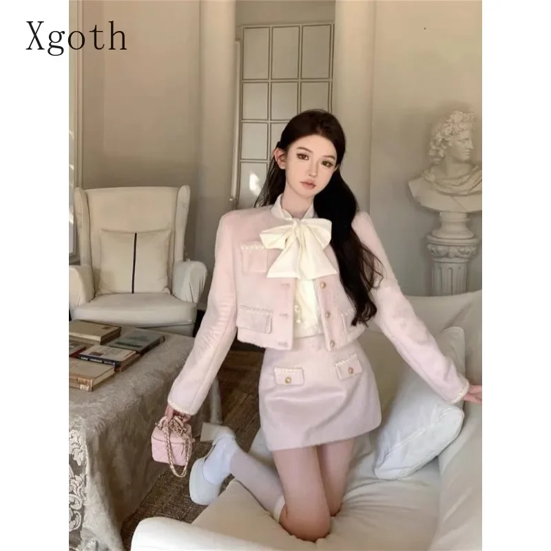 Xgoth pink women\'s skirt set long sleeve short tweed jacket tops small fragrance hip wrap mini skirts hot girls three-piece sets