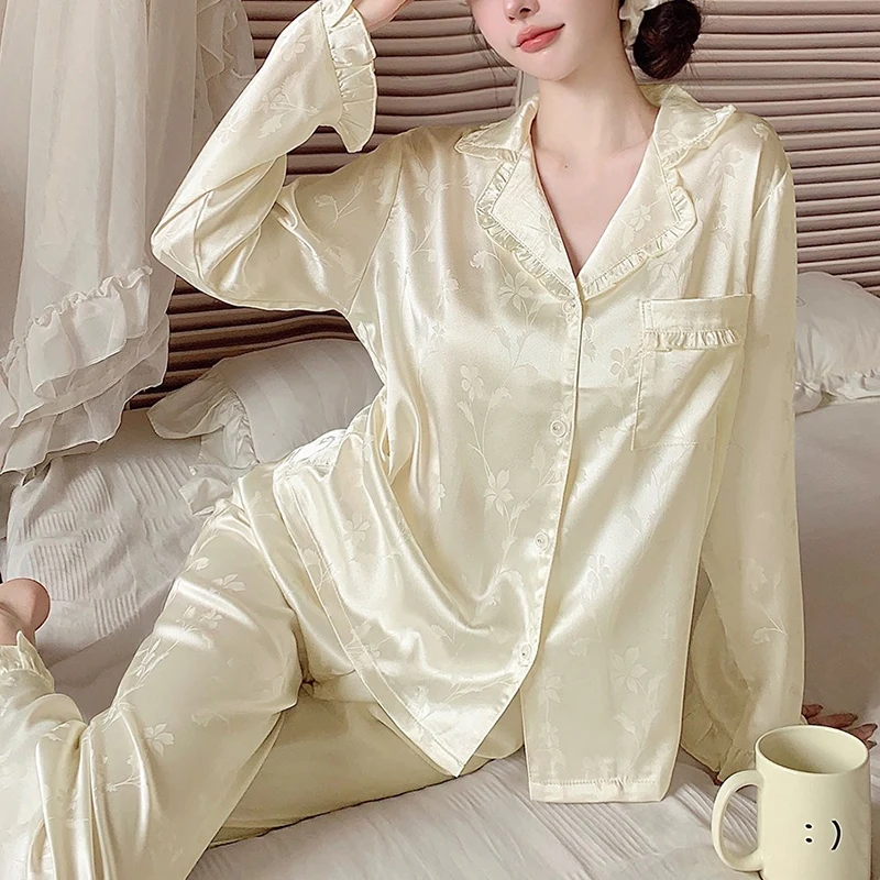 

spring elegant sweet Solid jacquard Tops and rufflce Pants Satin sleepwear autumn Women Pajamas set Loose 2 Piece suit homewear