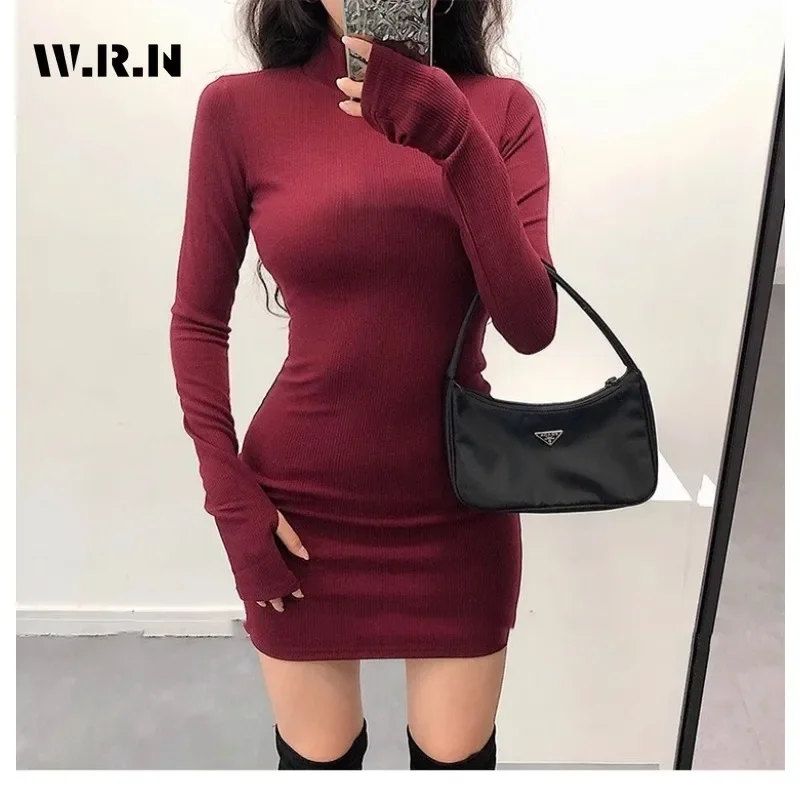 2024 Spring Fall Korean Style Hotsweet Slim Dresses Women Solid Turtleneck Cropped Dress Y2K Fashion Long Sleeve Knitting Dress