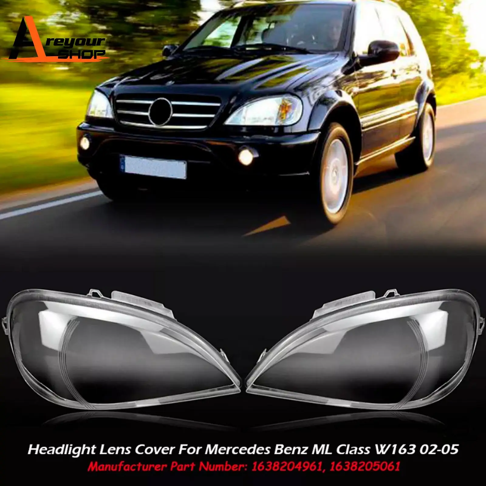 

2PCS Front Headlight Glass Clear for Mercedes Benz ML-Class W163 2002-2005