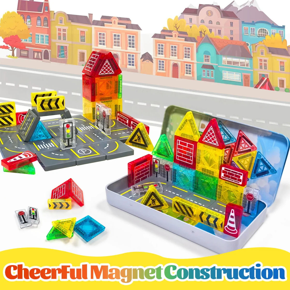 Magnetyczny zestaw do budowy drog dla dzieci, zabawki, magnetyczne klocki konstrukcyjne, zabawki edukacyjne Montessori, 32/58 elementów z metalowym pudełkiem.