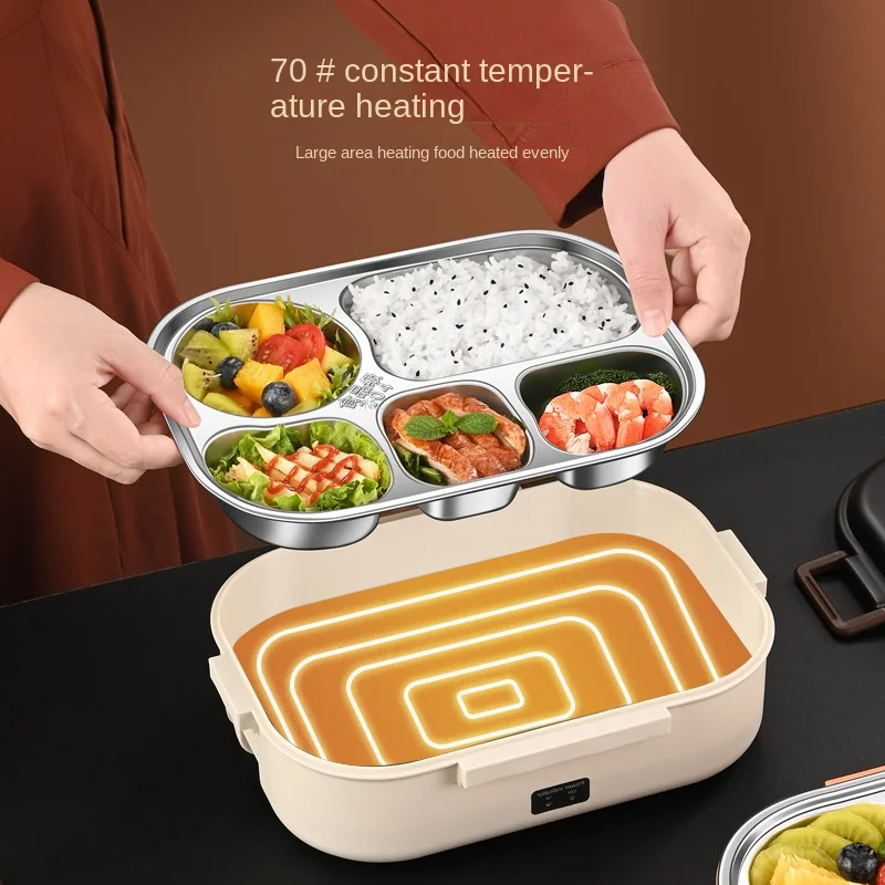 Portable 5 Grids Stainless Steel Dinner Plate Electrically Heated Lunch Boxes and Insulated Bags Set Spoons Chopsticks & Charger