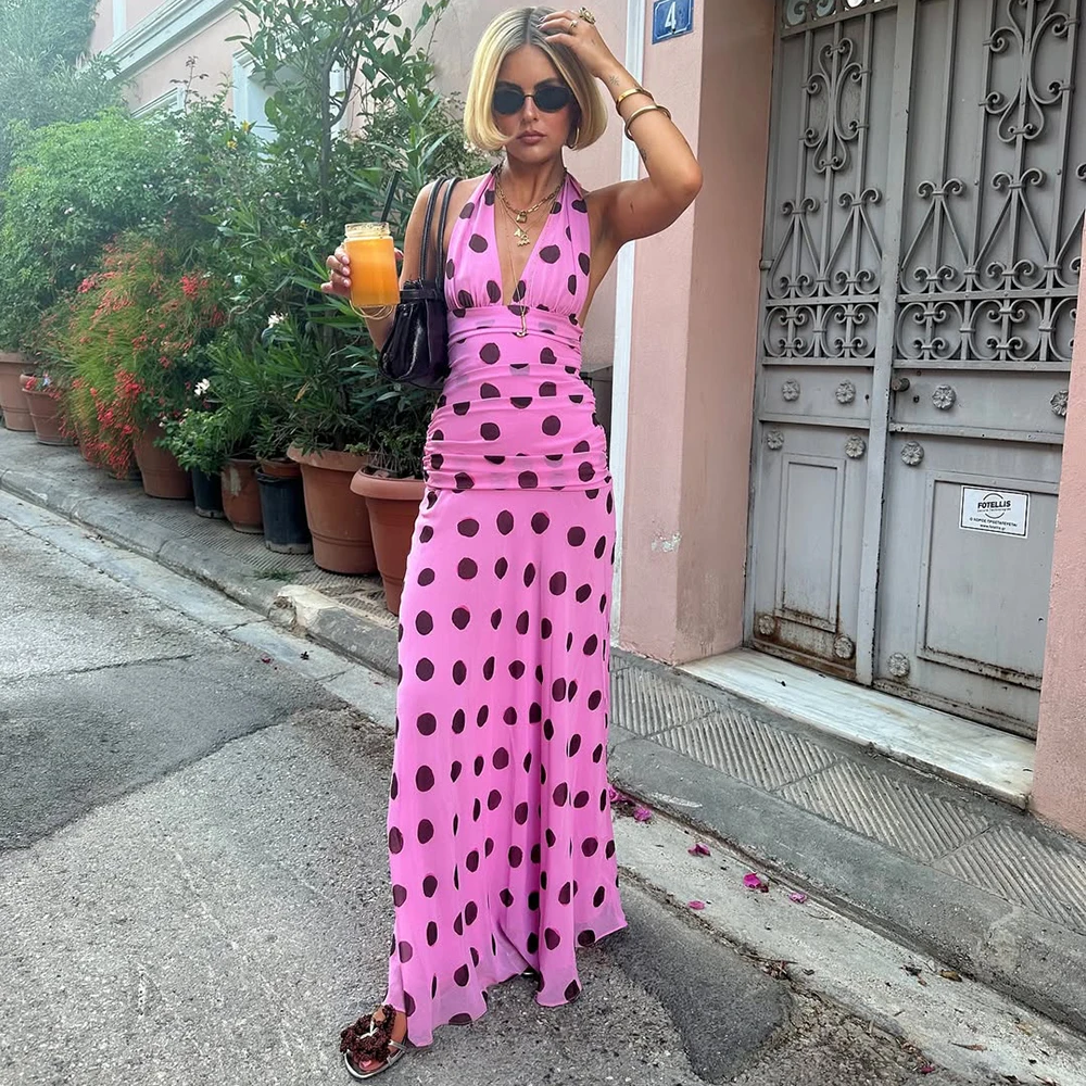 

Ticketsx Pink Polka Dot Dress Fashion Print Pleated Halter Neck Summer Elegant Dress Fashion Party Retro High Waist Women Dress