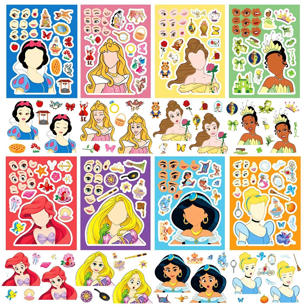 

8/16sheets Cute Disney Anime Princess Girl Puzzle Stickers Make a Face DIY Cartoon Assemble Jigsaw Educational Toys Decals Decor