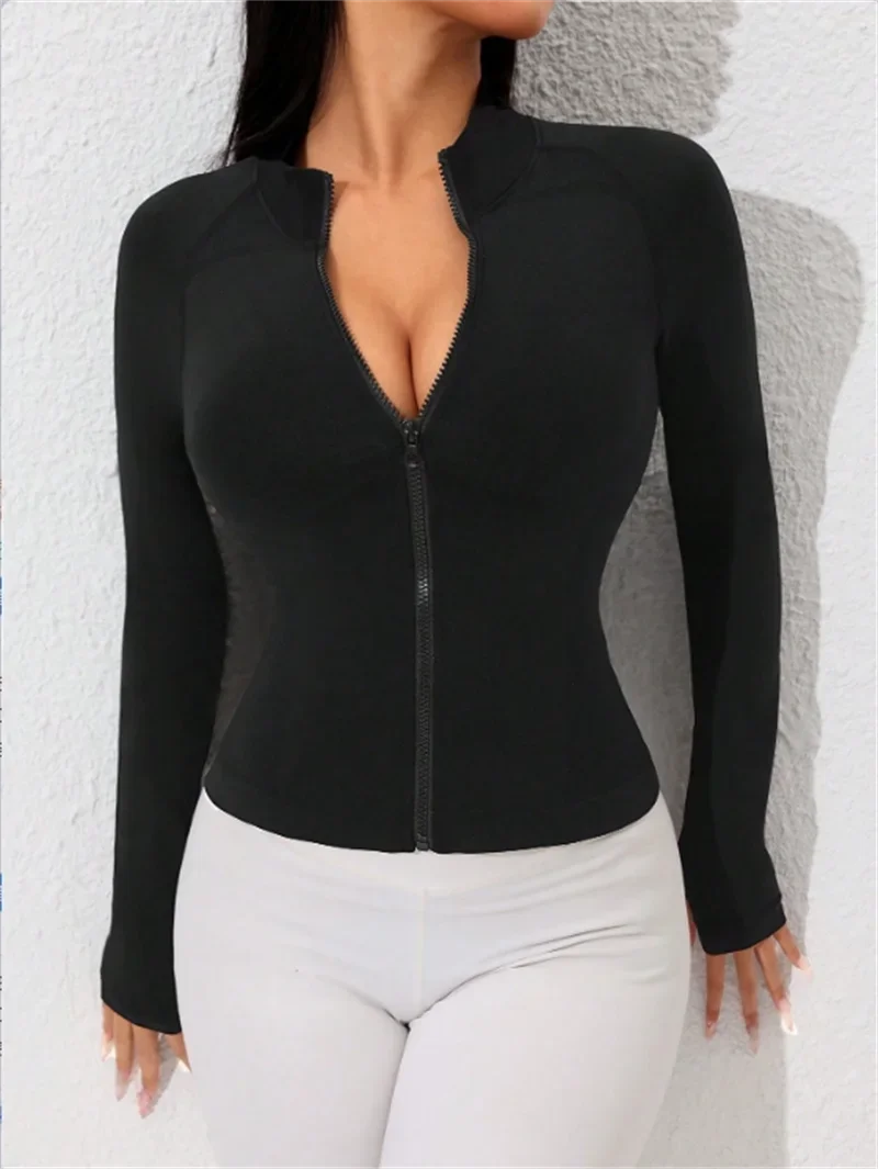 Ropa de mujer, abrigos, Sudadera con capucha con cremallera, chaquetas de Yoga elásticas, camisas de entrenamiento transpirables de malla hueca de manga larga para Fitness