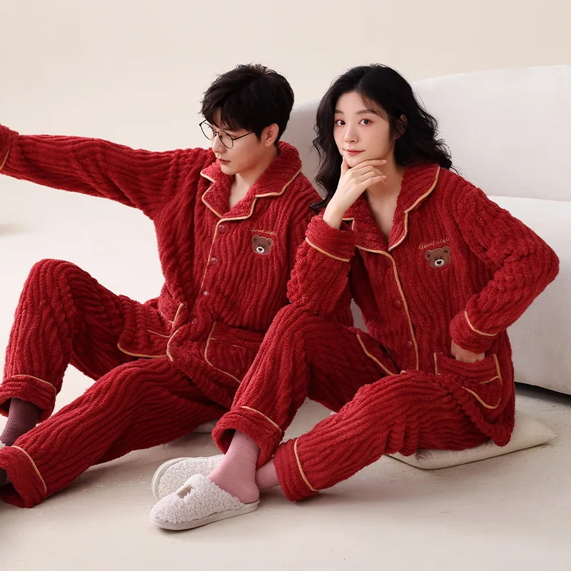 Winter Couple Pajamas Set Women Men Plush Soft Thicken Pyjamas Red Sleepwear Korean Loose Homewear Cartoon Panda Pyjamas Suit