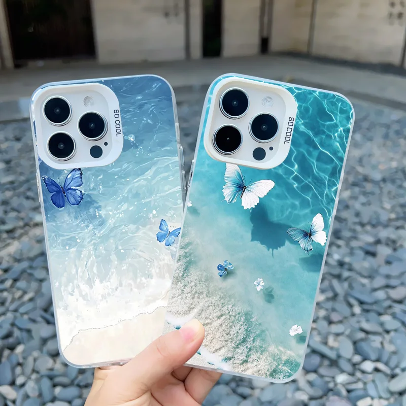 Blaue Schmetterling-Ozeanwellen-Handyhülle für iPhone 14 13 12 11 Pro Max 17 16 15 Pro Max 13 Mini 16 14 Plus Stoßfeste Laser-Cover – Detail 13