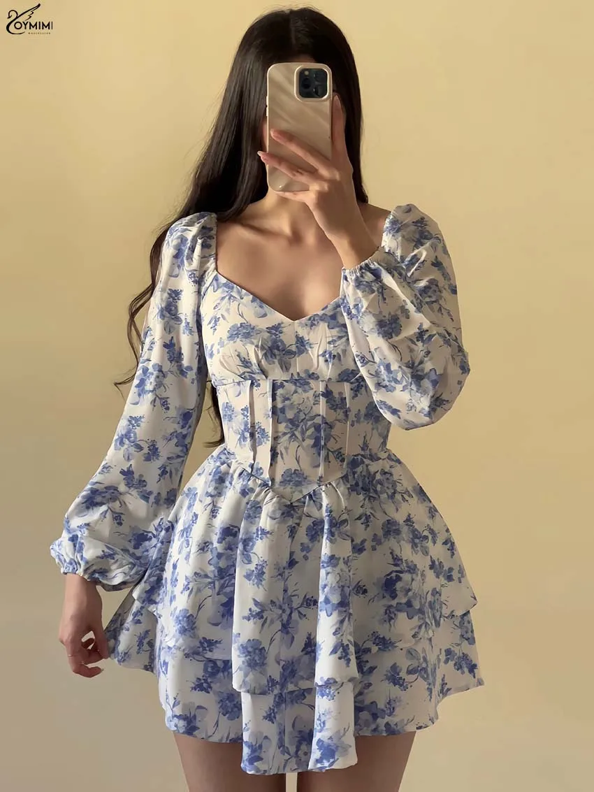 

Oymimi Fashion Blue Print Womens Dresses Elegant V-Neck Long Sleeve Zipper Dresses Casual High Waisted Pleated Mini Dress Female