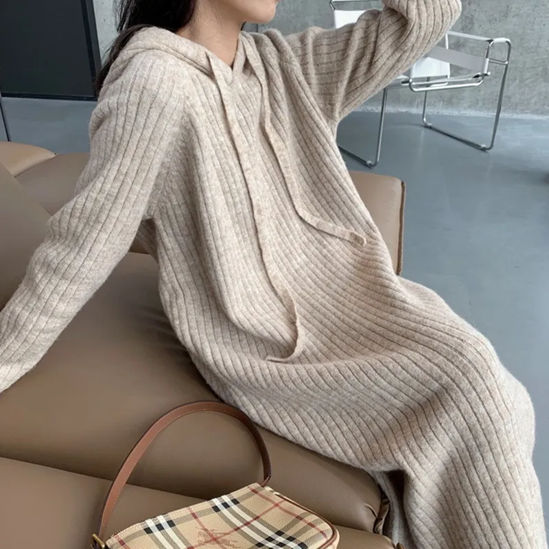 

New Spring Autumn Loose Hooded Sweater Dress Woman Long Knitted Dresses Female Fashion Elegant Chic Solid Clothes Ladies Vestido