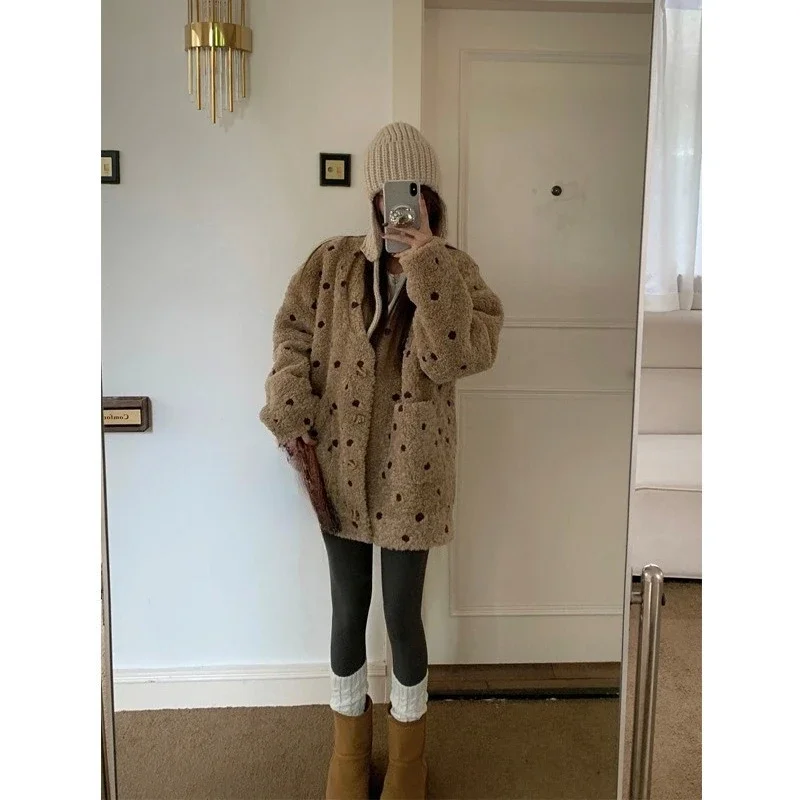 Lamb Wool Coat Lazy Warm Polka Dots Contrasting Color Fur Cardigan Design Sense Trendy American Retro Comfortable Beautiful