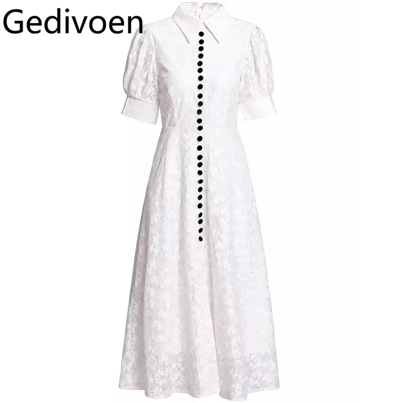 Gedivoen-Robe de créateur de piste pour femme, broderie de fleurs, dentelle, simple boutonnage, longueur moyenne, élégante, mode estivale