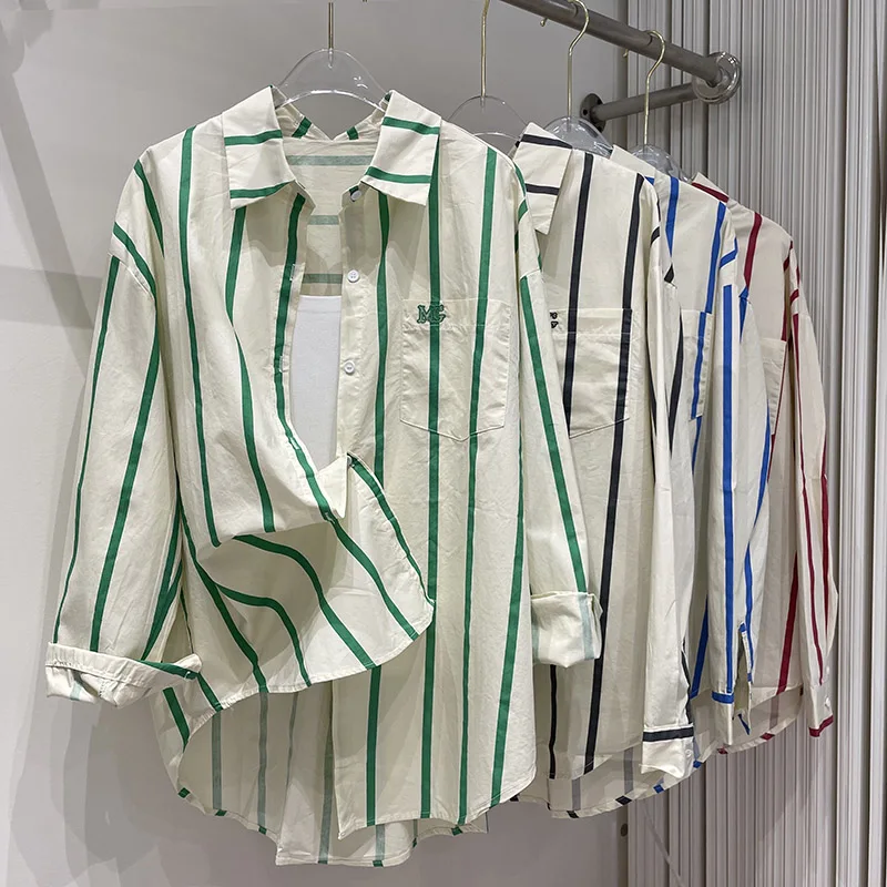 

Letter Embroidered Loose Striped Shirt And Blouse Long Sleeved Top Women's Trend New In Clothes Casual Single Breasts Summer