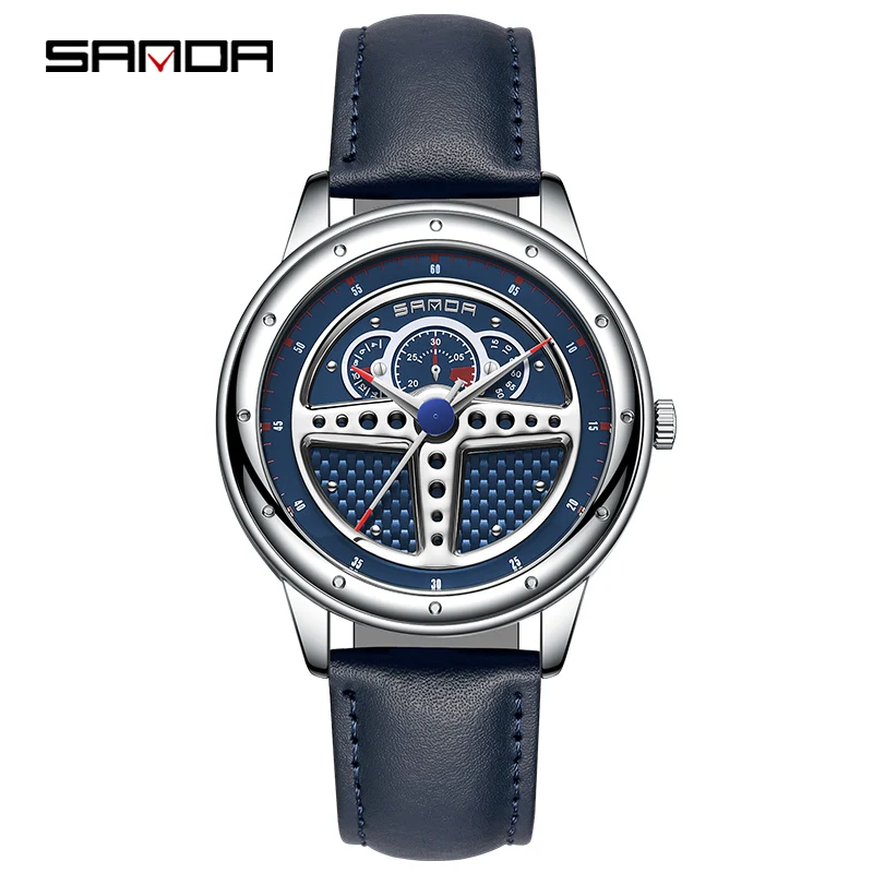 SANDA P1110 2023 Fashion Men Steering Wheel Design Watch Luxury Sports Waterproof Quartz Wristwatch Male Clock Relogio Masculino